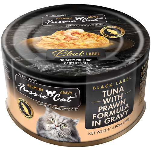 (新包裝) Fussie Cat 80g Premium Gravy Black Label ((Tuna with Prawn Formula in Gravy)) 全齡肉汁主食罐 極品吞拿魚+虎蝦 80克 (FUG-ORC) 